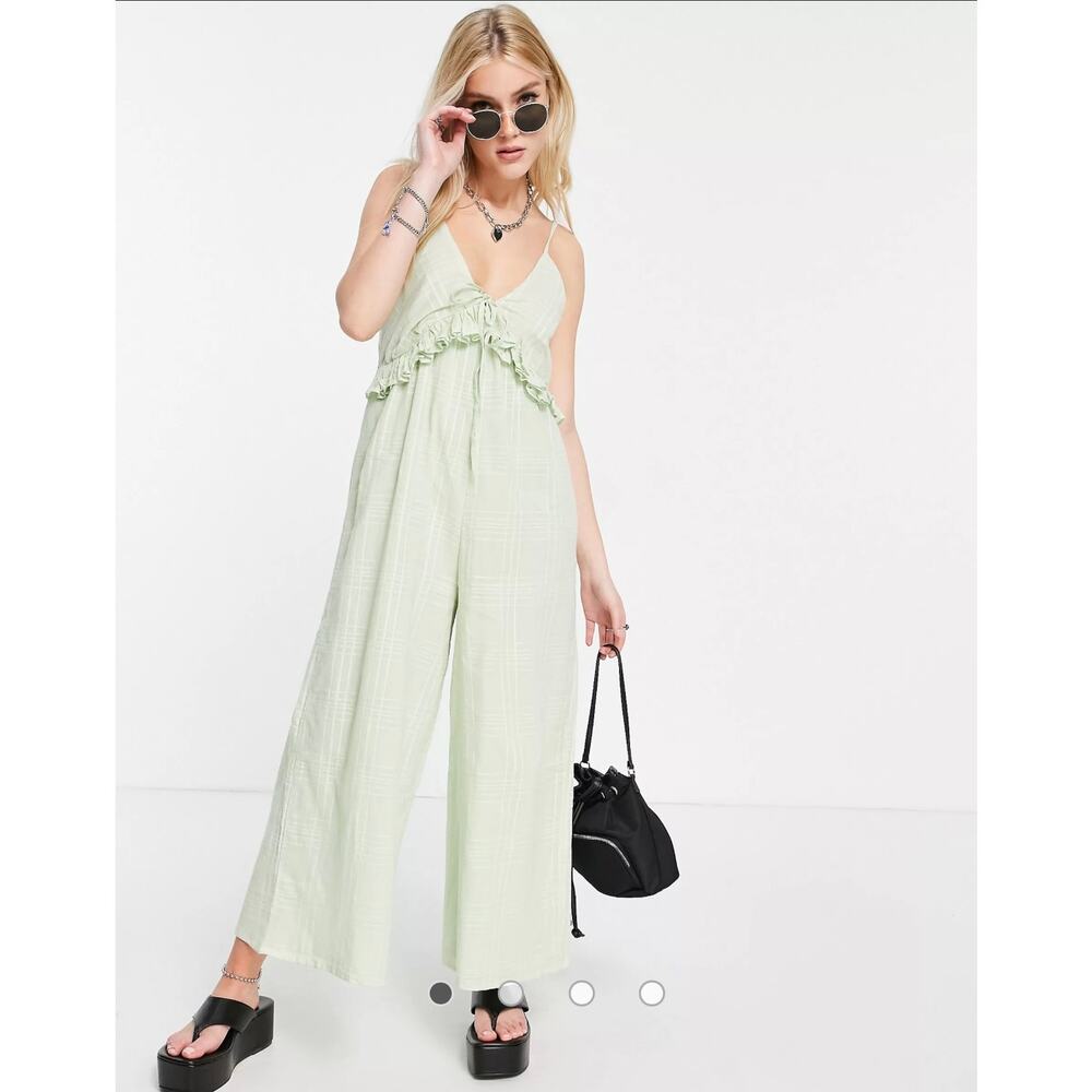 Asos design V neck frill tie culotte jumpsuit sage green women's